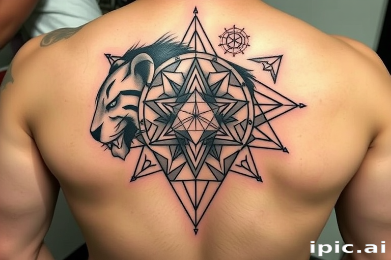 Geometric animal tattoo, "Sacred Geometry Beast," combining sharp lines and perfect shapes to form a majestic animal like a lion or elephant, incorporating sacred geometry patterns and symbols within the design, ideal for a large-scale back or chest piece