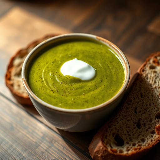 A close-up shot of a bowl of green soup with a dollop of cream and a slice of brown bread on a wooden table, using a Canon EOS R5, 50mm lens, aperture f/2.8, ISO 100, natural light, focused on the texture of the soup and the rustic elements of the bread.