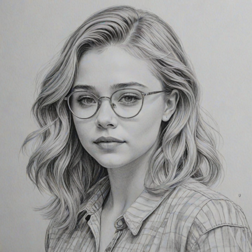 Gorgeous Chloe Grace Moretz, pencil sketch, portrait of Lovely woman 1943s in glasses, hair style beatnik, outline, clear lines, fine lines, 8k