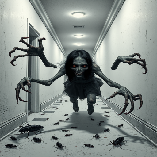 a crooked female with long arms and a creepy smile is crawling along a long white corridor and you can also see cockroaches in it there is a creepy atmosphere creepy art style