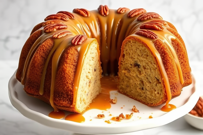 Create an image of a bundt cake with a glossy caramel glaze drizzled over the top and topped with pecans. The cake should be partially sliced to reveal its moist interior, and it should be placed on a white cake stand with a marble background. The scene should be bright and inviting, emphasizing the delicious details of the cake.