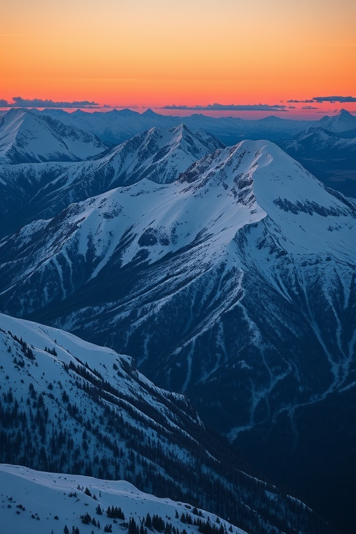 capture a serene twilight landscape of snow-covered mountains with deep shadows, using a DSLR camera, 24mm lens, aperture f/8, ISO 200, 1/60 sec shutter speed, shot from an elevated angle for depth and clarity