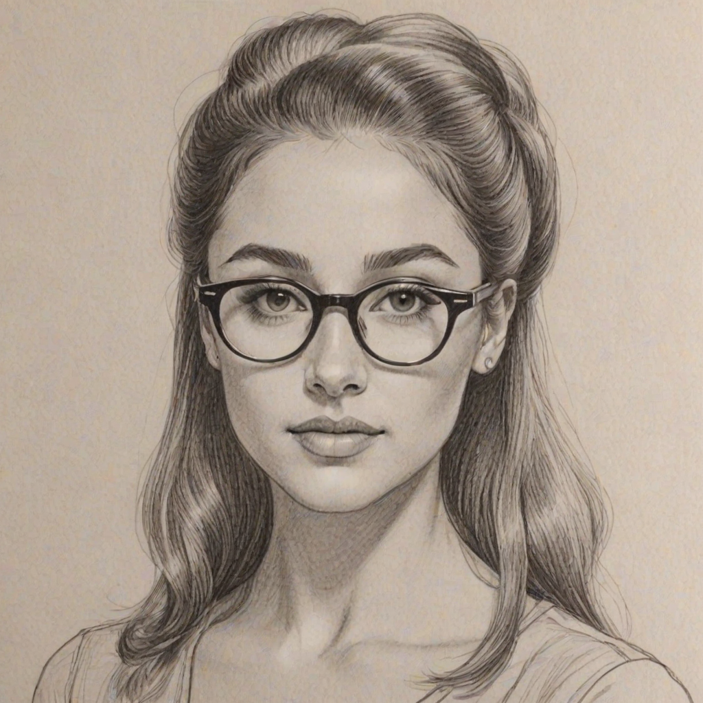 Stunning Ariana Greenblatt, pencil sketch, portrait of Captivating woman 1960s in glasses, hair style beatnik, outline, clear lines, fine lines, 8k