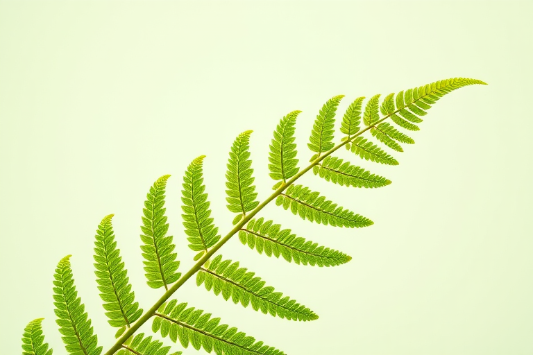 high-quality image of a green fern leaf against a plain background, macro lens, aperture f/2.8, ISO 100, shutter speed 1/200 sec, natural light, DSLR camera, slight overhead angle