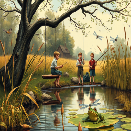 Imagine a small group of old fashioned young boys out fishing by the creek, a swing hanging from a tree branch, reeds and grasses by the water's edge, a frog sitting on a lily pad, dragonflies hovering over som water plans, a very iconic old fashioned scene reminiscent of a Norman Rockwell painting style