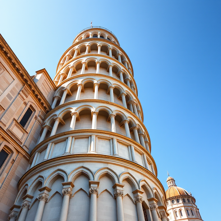 Create a highly detailed illustration of the Leaning Tower of Pisa, capturing its iconic architectural features with a focus on vertical alignment and shadowing, using a DSLR camera with a 50mm lens, aperture f/1.8, ISO 100, shot from a low angle to emphasize its height and leaning effect, in a bright, clear daylight setting.