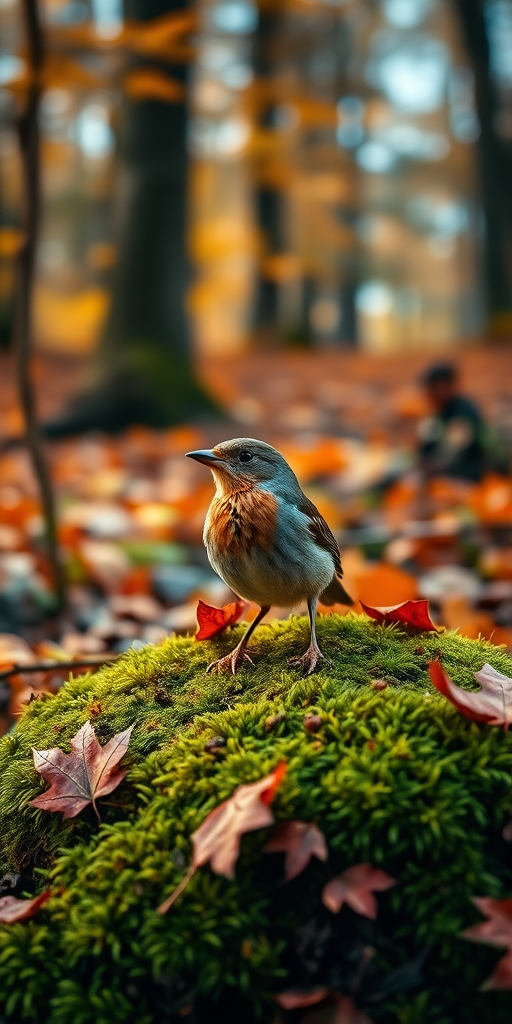 Create a highly detailed image of a bird perched on mossy ground surrounded by autumn leaves in a forest, with soft natural lighting, using a 50mm lens at f/2.8, ISO 200, and a shallow depth of field to emphasize the bird and blur the background while capturing the vibrant colors of the scene.