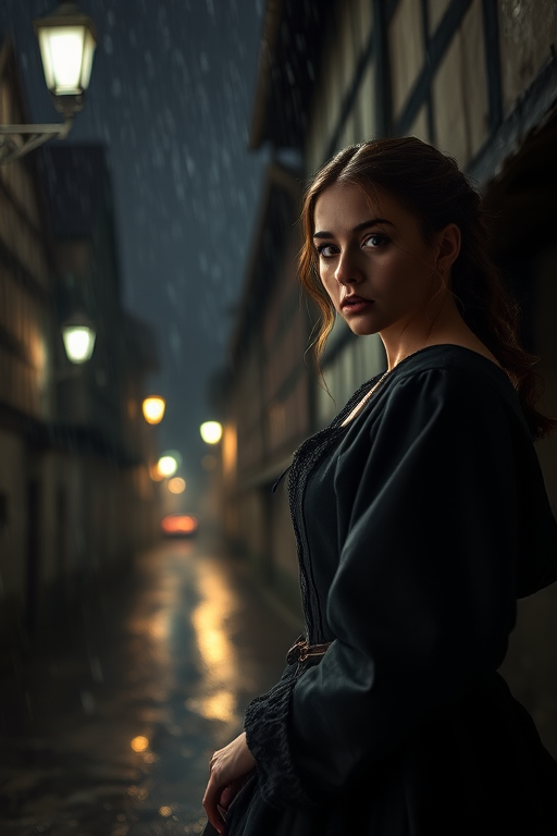 Create a moody, atmospheric scene set in a rain-drenched medieval village at night, featuring a woman in period dress with a dramatic expression, soft lighting, utilizing a Canon EOS R5 with a 50mm f/1.2 lens, aperture set to f/2.8, ISO 800, shutter speed 1/60s, shot from a low angle to enhance depth and perspective.