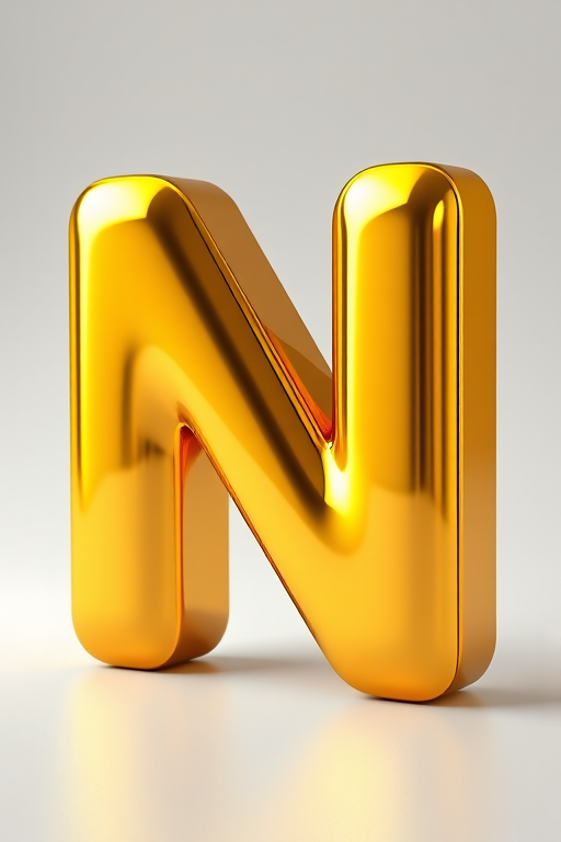 Create a high-resolution 3D rendering of a shiny gold letter "N" with soft reflections, ISO 100, f/2.8 aperture, 50mm focal length, studio lighting, shot in a macro view using a DSLR camera.