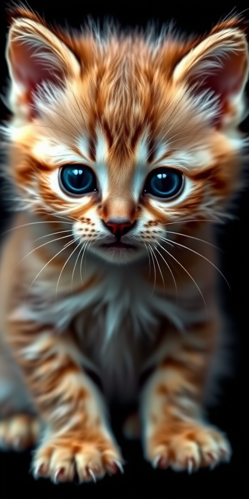 Create an image of a cute kitten with light brown fur, blue eyes, and a dark face, sitting against a black background.
