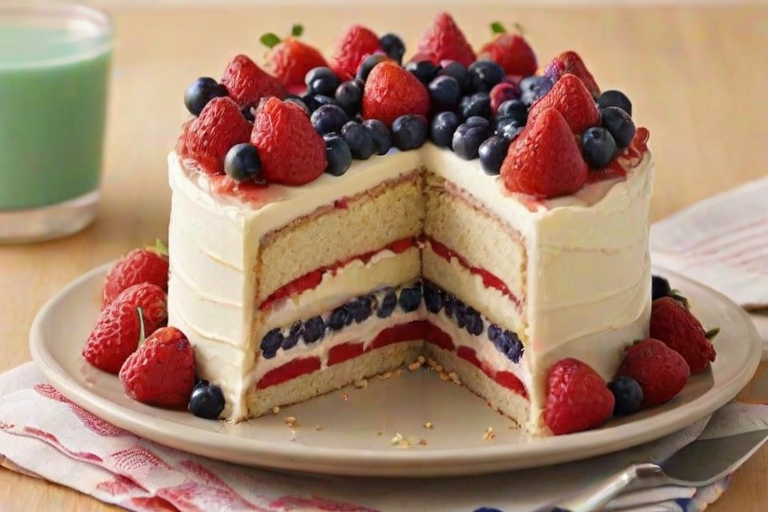 Create an image of a layered cake with a light sponge base, filled with fresh strawberries, blueberries, and raspberries. The cake should be frosted with a smooth white cream and topped with a variety of berries and mint leaves for decoration. Show a slice cut out, revealing the layers of fruit and cream inside.