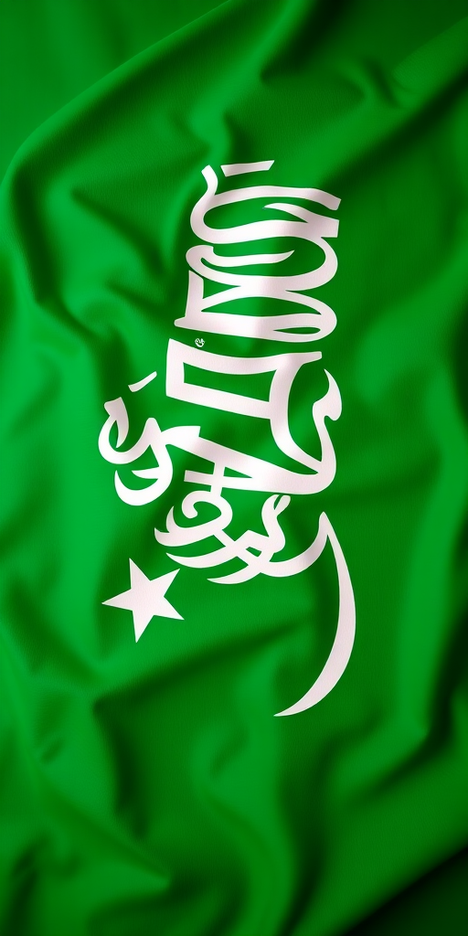Create a high-resolution image of the Saudi Arabian flag with vibrant colors, using a DSLR camera at f/8 aperture, ISO 100, 50mm lens, top-down view, and natural lighting for clarity and detail.