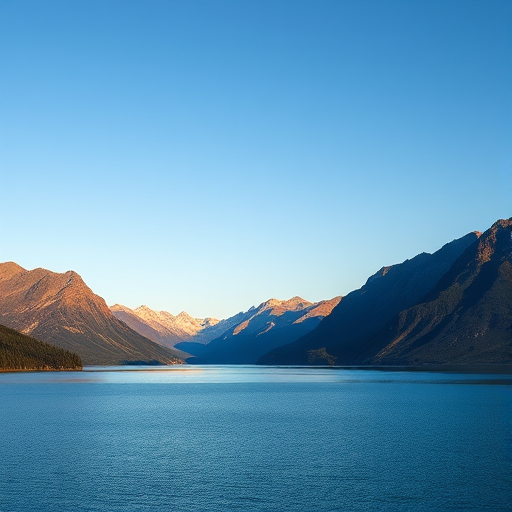 Generate a high-resolution image of a serene landscape featuring a calm lake surrounded by mountains under a clear blue sky, captured with a DSLR camera at 50mm, f/8, ISO 100, with a golden hour lighting style and a wide-angle view.