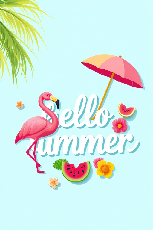 Create a vibrant digital illustration featuring the text "Hello Summer" with playful summer icons like a flamingo, watermelon, and beach umbrella on a light blue background, captured in high resolution with a Canon EOS R5 at f/2.8, shutter speed 1/250s, ISO 100, using a wide-angle lens for a dynamic perspective.
