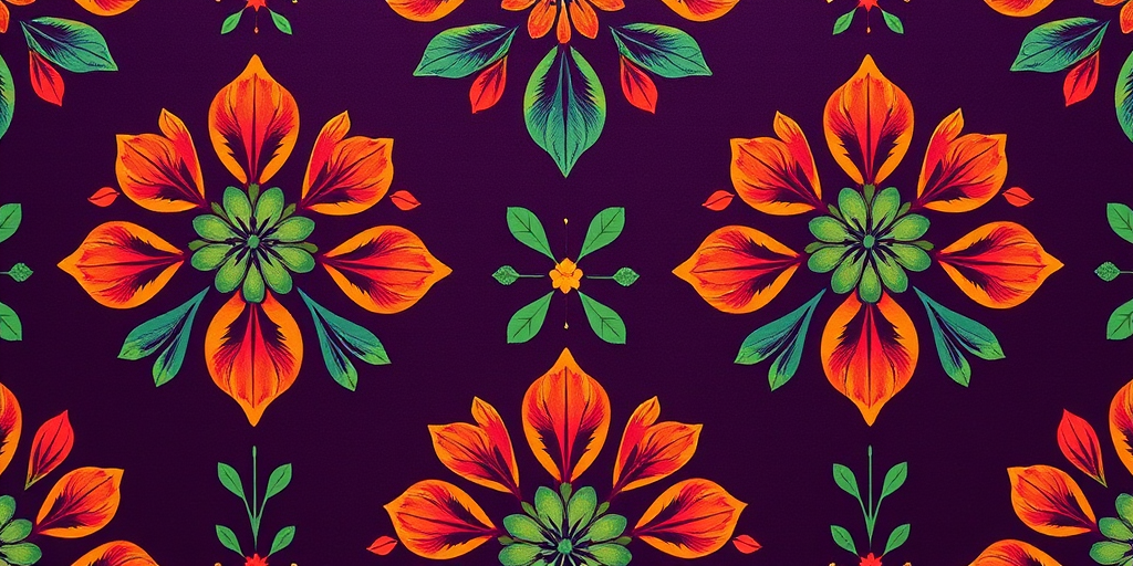 Create a high-resolution pattern design featuring floral motifs in vibrant colors on a dark purple background, using a Canon EOS R5 camera at f/8 aperture, ISO 100, and a 50mm lens, capturing a flat lay composition to enhance detail and clarity.