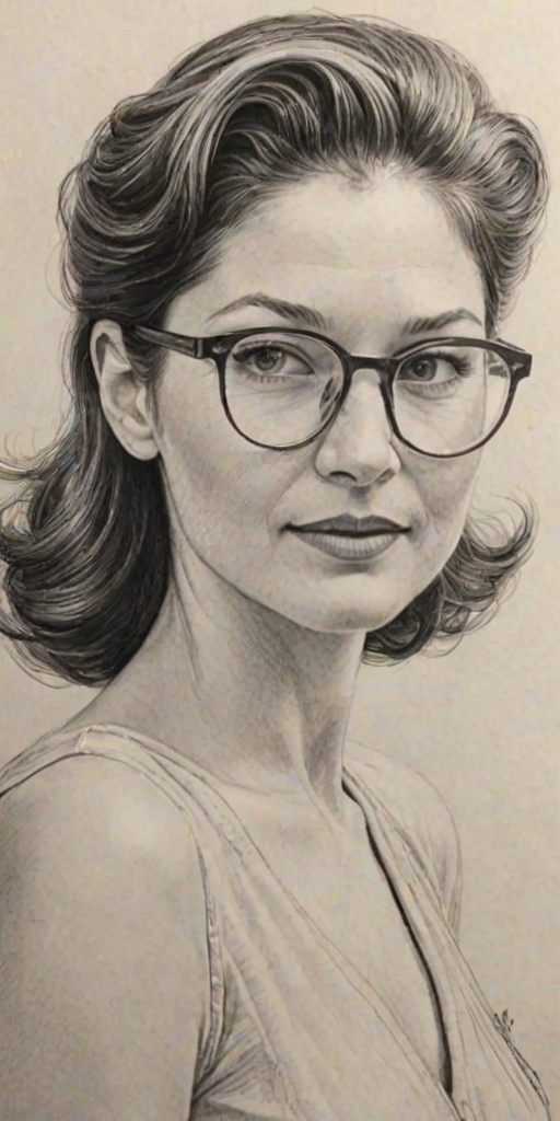 Alluring Jill Hennessy, pencil sketch, portrait of Wonderful woman 1943s in glasses, hair style beatnik, outline, clear lines, fine lines, 8k