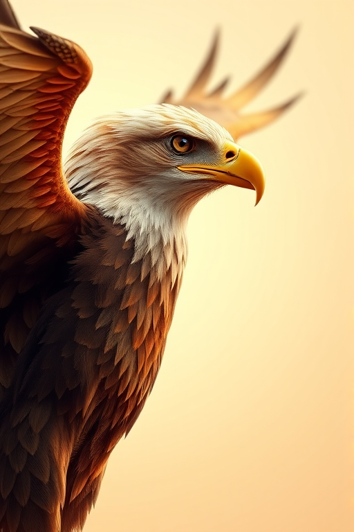 Create a highly detailed digital illustration of a majestic eagle with intricately styled feathers in gold and brown hues, set against a soft gradient background, using a Canon EOS R5 with an RF 50mm f/1.2L lens at f/1.2, ISO 100, 1/200s, in portrait orientation to enhance depth and focus on the eagle's wings.