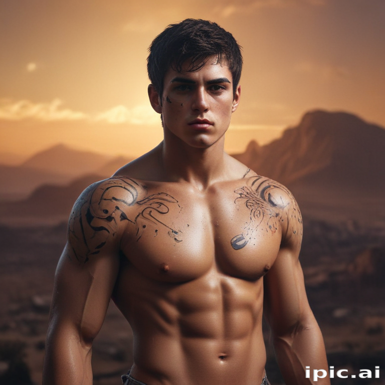 Strong Young Man with Intricate Tattoos in a Dramatic Desert Landscape