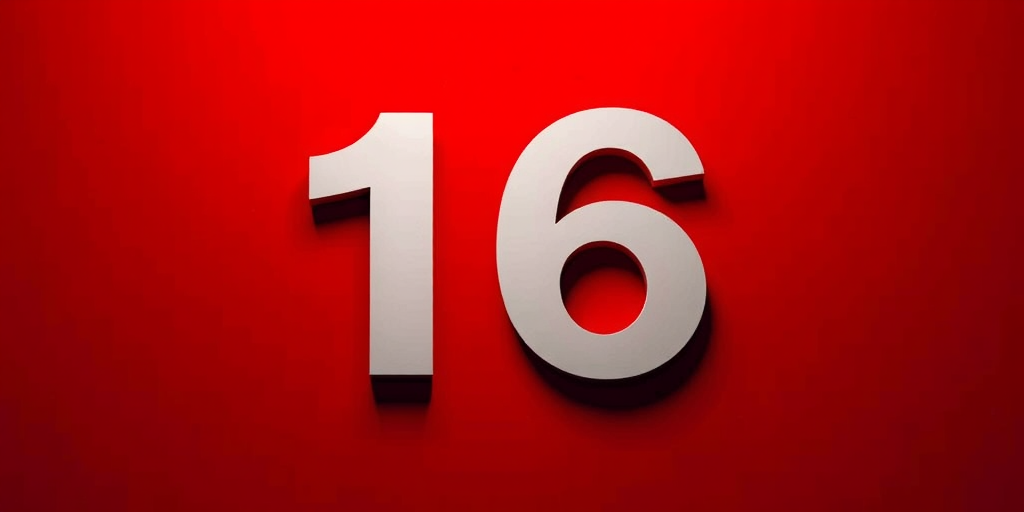 Create an image of the number 16 in bold, white font on a bright red background, using a DSLR camera with a 50mm lens, aperture set to f/2.8, ISO 100, and a slight vignette effect for enhanced focus on the number.