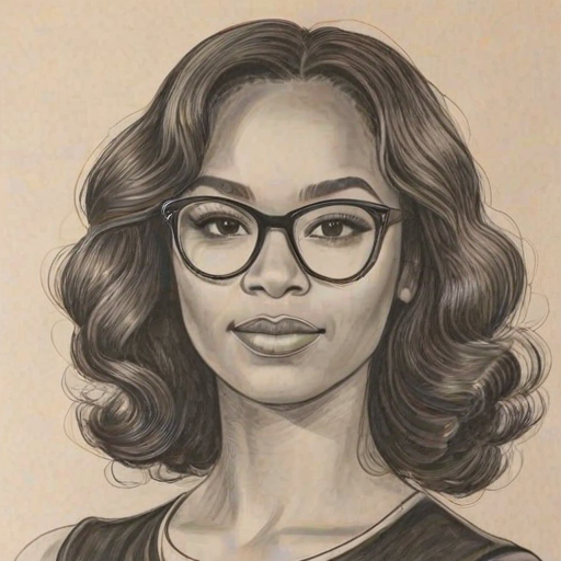 Dazzling Breonna Taylor, pencil sketch, portrait of Comely woman 1970s in glasses, hair style beatnik, outline, clear lines, fine lines, 8k