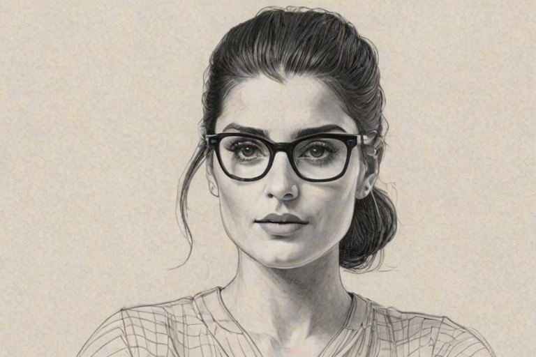 Charming Nelly Furtado, pencil sketch, portrait of Pleasing woman 1961s in glasses, hair style beatnik, outline, clear lines, fine lines, 8k