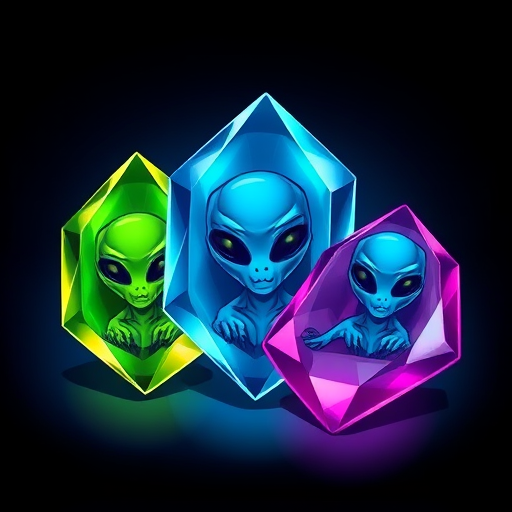 Create an illustration of three alien-themed gems with varying colors: green, blue, and purple, each featuring a small alien face inside, with a 50mm lens, f/2.8 aperture, side lighting to enhance details, and a DSLR camera type for high resolution.