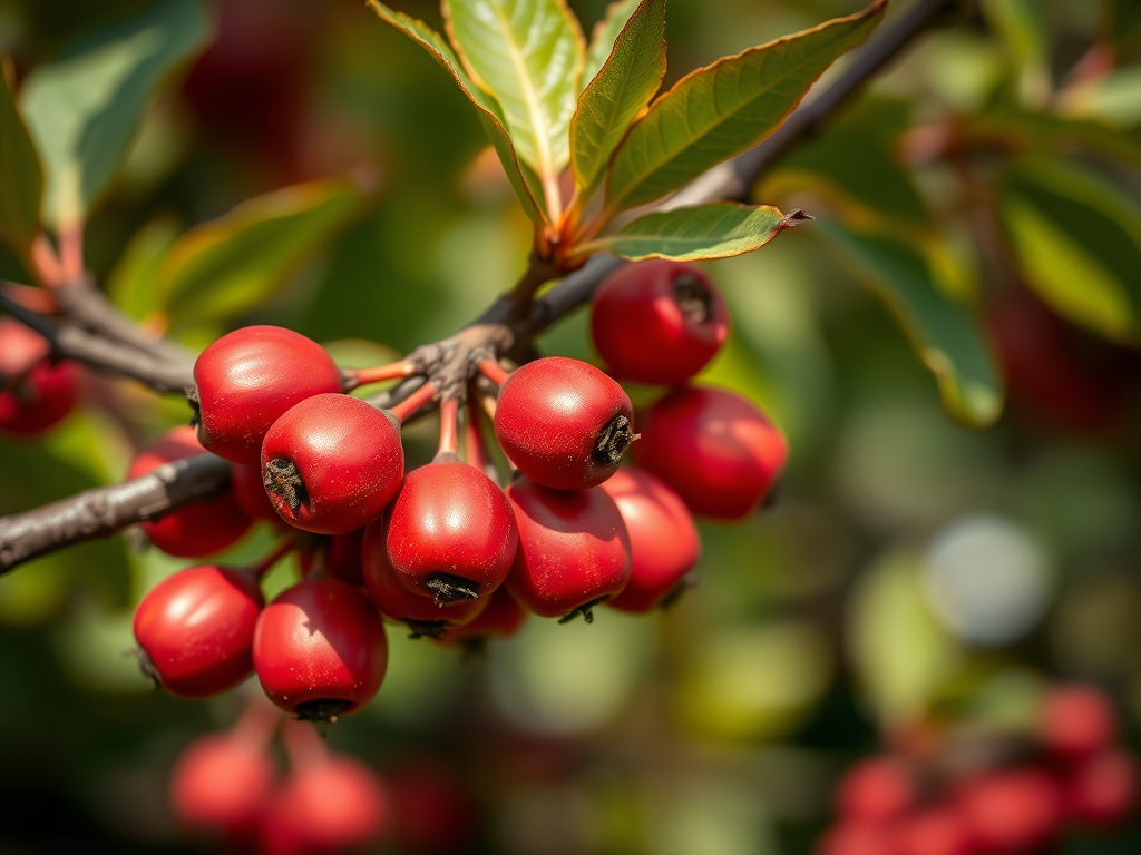 Capture close-up of red fruits on a tree branch, shallow depth of field, natural light, f/2.8 aperture, ISO 200, 50mm lens, DSLR camera, focus on texture and color detail.