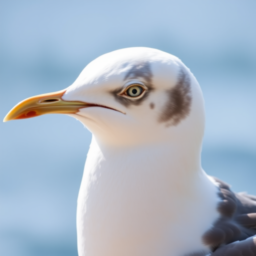 A close-up of a seagull's profile against a soft blue ocean background, using a Canon EOS R5 camera, 85mm lens, aperture f/1.8, ISO 100, 1/2000 sec shutter speed, with a shallow depth of field to enhance clarity and focus on the seagull.
