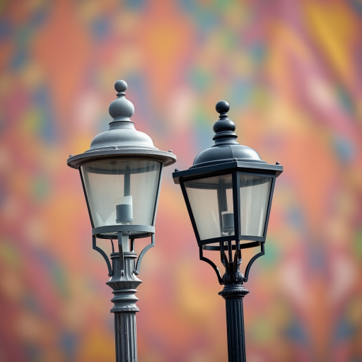 Create a high-resolution image of two ornate street lamps, one gray and one black, positioned side by side against a blurred colorful background, captured with a DSLR camera at f/5.6 aperture, ISO 100, and a 50mm lens in natural light.