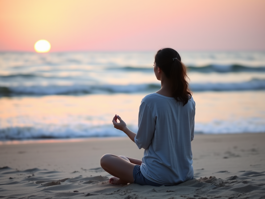 Woman on a tranquil beach, the setting sun casting an orange glow over the waves, as she sits cross-legged, meditating with the sound of the ocean in the background.