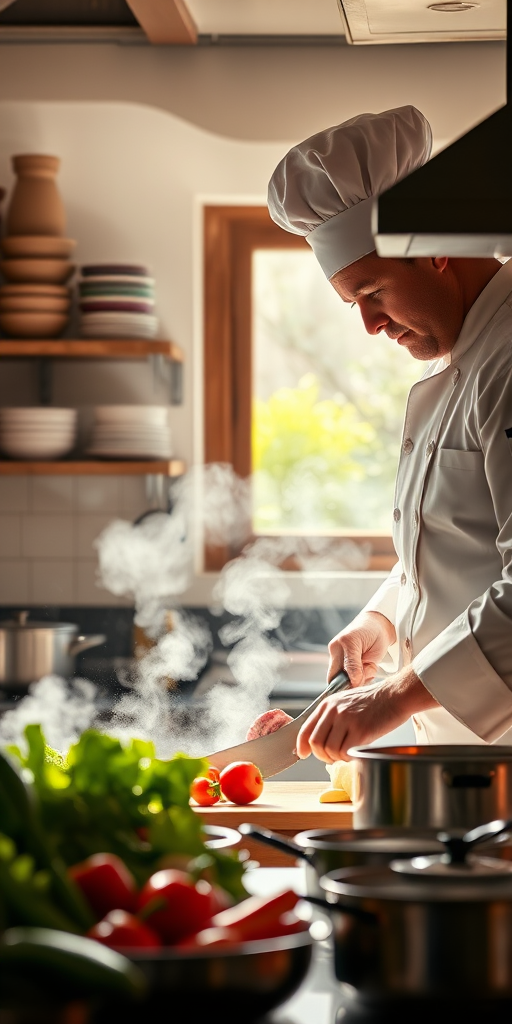 A chef in a sunny kitchen, chopping meat with steam rising around, vibrant vegetables and pots in view, shot with a 50mm lens, f/1.8 aperture, ISO 200, natural light, DSLR camera, vibrant colors, high detail.