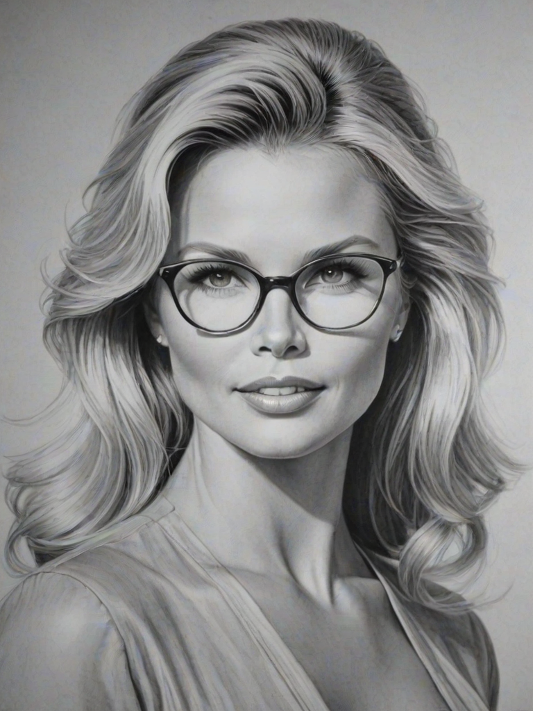 Exquisite Christie Brinkley, pencil sketch, portrait of Magnificent woman 1959s in glasses, hair style beatnik, outline, clear lines, fine lines, 8k