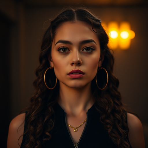 A young woman with long, curly brown hair is looking directly at the viewer. She is wearing a black top with a zipper down the front. The setting is a dimly lit interior space, with a warm, golden light emanating from the background. Her expression is neutral, with a hint of seriousness. The image is a close-up portrait with a shallow depth of field, focusing on the woman's face and torso. The background is blurred, creating a soft and intimate atmosphere.  She is wearing large gold hoop earrings, and a small gold chain is visible around her neck.  Her makeup is natural and simple, highlighting her brown eyes. The lighting creates subtle shadows that accentuate her features.  Her skin is smooth and glows in the soft light. The composition is balanced, with the woman's face positioned in the center of the frame.  The image is focused on capturing her beauty and confidence.