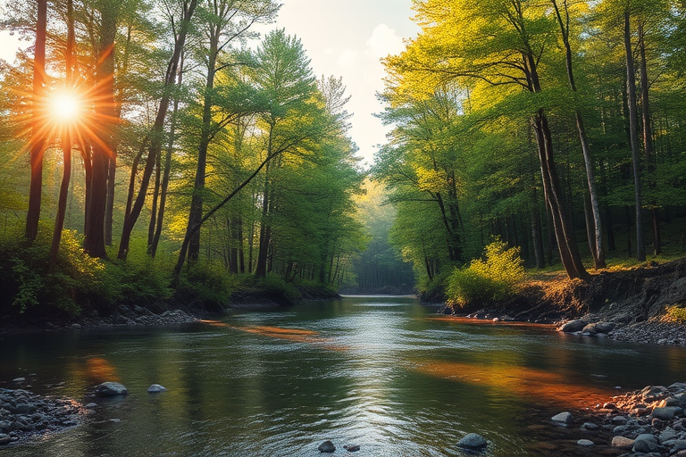 Create an image of a serene, sunlit forest scene with a clear, gently flowing river. Tall trees with lush green foliage line both sides of the river, their leaves bathed in the warm golden light of the setting or rising sun. The sunlight filters through the trees, casting soft, dappled light on the river, which flows over smooth rocks and pebbles, creating a peaceful, natural atmosphere. The sky is bright with a few scattered clouds, and the overall mood is tranquil, evoking a deep sense of connection with nature. The image captures the beauty of a calm, pristine forest landscape at either dawn or dusk.