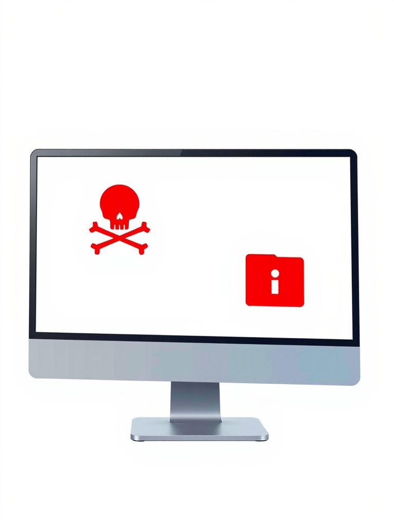 Create a digital illustration of a computer monitor displaying a red skull and crossbones symbol alongside a locked folder icon in a modern, minimalist style with a clean white background, using a high-resolution setting of 300 DPI, shot from an eye-level angle, using a DSLR camera type with a 50mm lens to achieve sharp focus and vibrant colors.