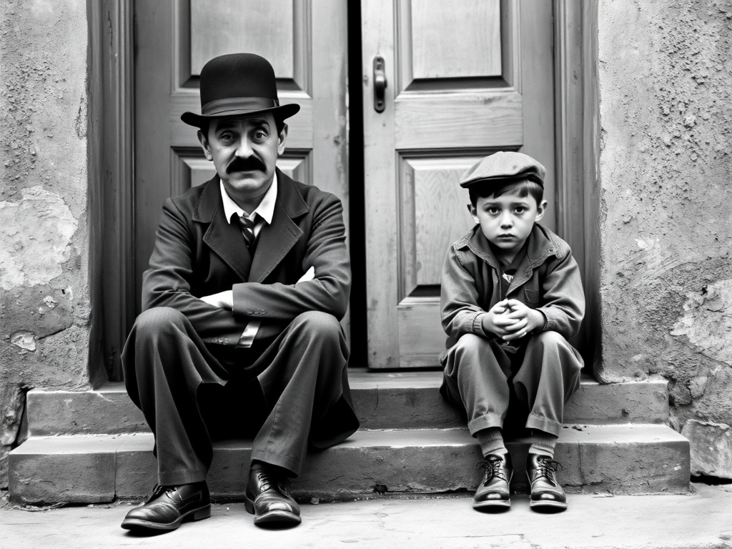 A black-and-white photograph of a man and a child sitting on steps in front of a doorway. The man is dressed as a tramp with a bowler hat, mustache, and ragged clothes, reminiscent of Charlie Chaplin's iconic look. He is sitting with his arms crossed and an expression of slight sadness or frustration. Next to him is a young boy, also in worn clothes and a cap, sitting with his hands clasped, looking thoughtful. The background is an old, textured wall and a partially open door, creating a vintage, early 20th-century atmosphere.