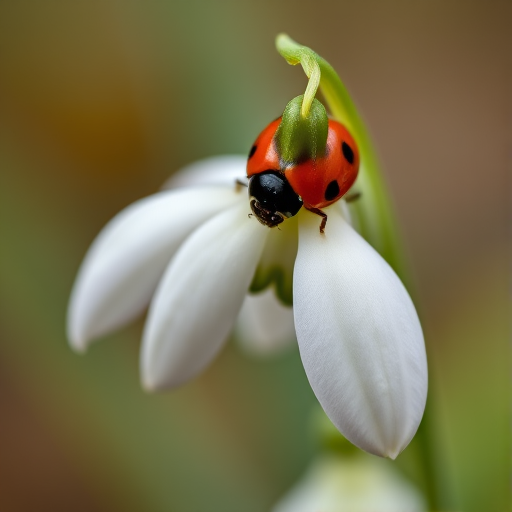 a close-up of a ladybug on a snowdrop flower with blurred background, showcasing the delicate white petals and green stem.