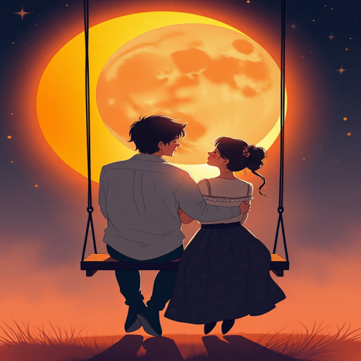 Create an illustration of a couple embracing on a swing with a large orange crescent moon behind them, surrounded by twinkling stars, captured with a DSLR camera at f/2.8, ISO 100, 50mm lens, with a warm color palette and soft focus background.