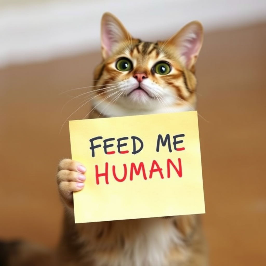 cat holding a note which says "FEED ME HUMAN"