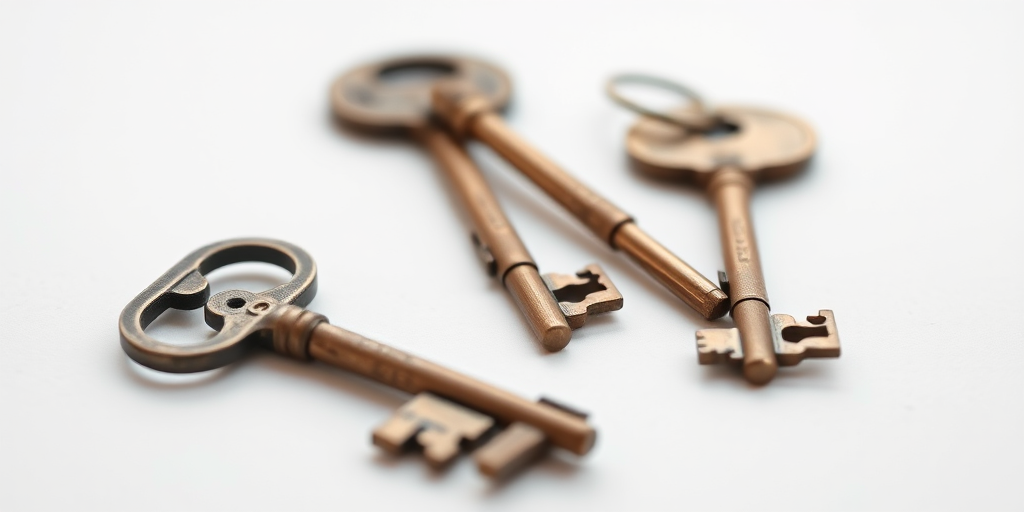 photograph of three vintage keys on a plain white background, shallow depth of field, 50mm lens, f/2.8 aperture, 1/125s shutter speed, ISO 100, natural lighting, macro shot, Nikon DSLR camera