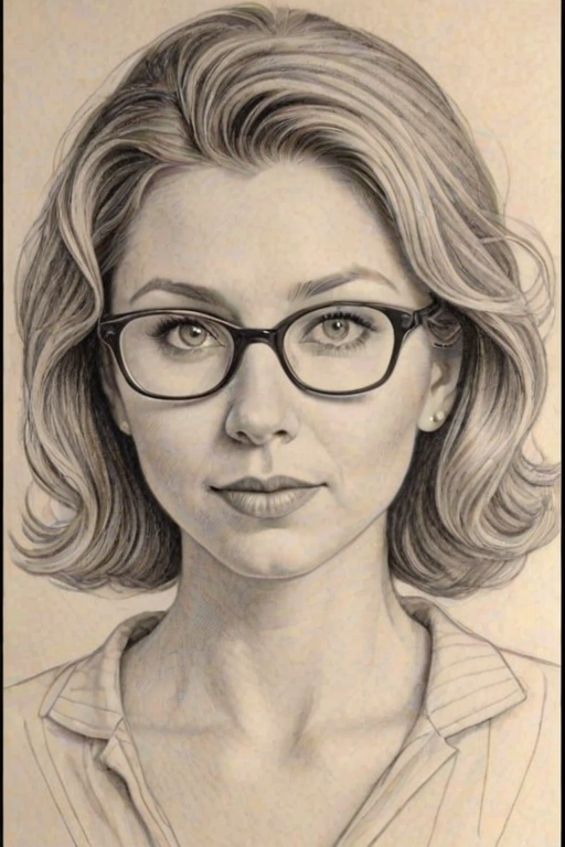 Alluring Sarah Chalke, pencil sketch, portrait of Delightful woman 1953s in glasses, hair style beatnik, outline, clear lines, fine lines, 8k