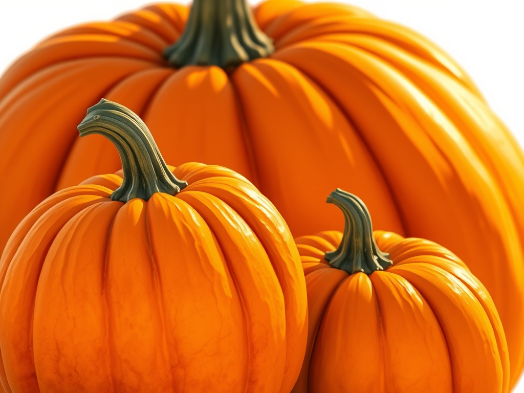 Create a highly detailed illustration of two pumpkins, one large and one small, with rich orange colors and textured surfaces, in a bright, vibrant setting, using a DSLR camera with a 50mm lens, aperture f/2.8, ISO 100, and a shallow depth of field to enhance focus on the pumpkins.