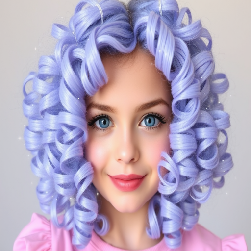 Dreamy periwinkle curls arranged in the "Cotton Candy Cloud" style form soft, bouncy ringlets that frame the face, accented with iridescent glitter for a magical touch
