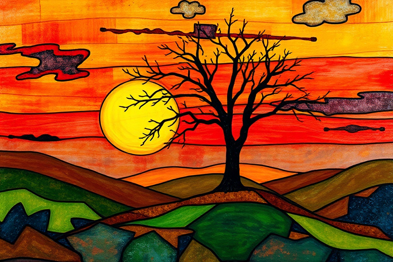 A vibrant abstract painting on Tiffany Glass, blending acrylic and alcohol ink techniques, captures a dramatic sunset over rolling hills. The artwork features a textured, rocky foreground in green and brown, layered abstract hills, and a striking sunset in rich oranges, yellows, and reds. A solitary black tree with intricate branches contrasts against the fiery sky, creating a dynamic and expressive portrayal of a breathtaking natural scene.