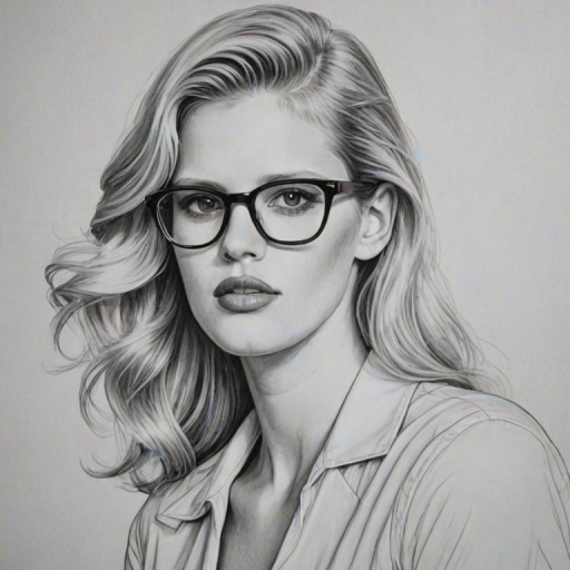Captivating Lara Stone, pencil sketch, portrait of Exquisite woman 1944s in glasses, hair style beatnik, outline, clear lines, fine lines, 8k