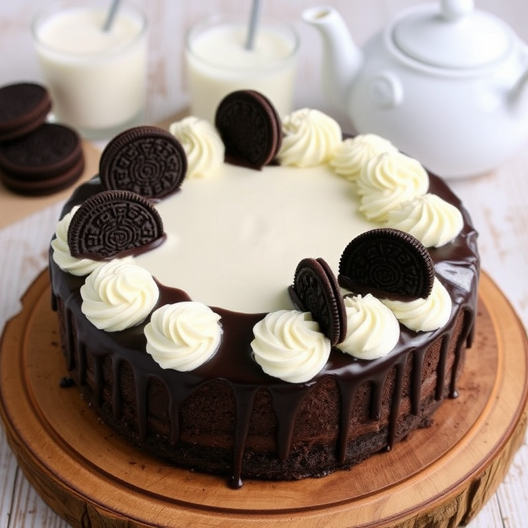 A round chocolate cake with an Oreo cookie topping and creamy swirls on the edge, drizzled with chocolate ganache, sitting on a wooden cake stand, accompanied by glasses of milk and a teapot in the background.