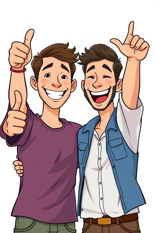 Generate a high-resolution cartoon image of two happy men celebrating together, one with a thumbs up and the other with arms raised in excitement, shot with a Canon EOS 5D Mark IV, 50mm lens, f/2.8 aperture, ISO 100, in bright colors and clear lines.