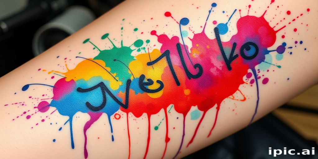 Watercolor splatter tattoo incorporating vibrant bursts of color and dynamic drips, creating an abstract representation of emotions or music through a chaotic yet harmonious blend of hues