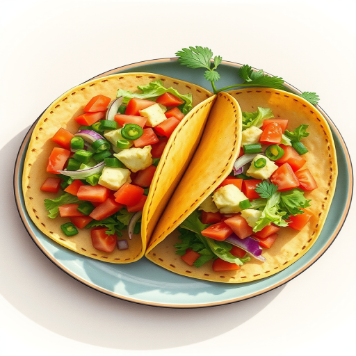 Create a detailed illustration of two delicious tacos filled with colorful ingredients like lettuce, tomatoes, and salsa on a plate, using a DSLR camera with a 50mm lens, aperture set to f/2.8, shallow depth of field, natural lighting to enhance colors and textures, and a top-down view to capture the vibrant details.