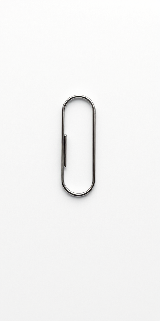 Create a high-resolution vector image of a paperclip, with a clean white background, using a Canon EOS R5 camera, 50mm lens, f/2.8 aperture, ISO 100, in a minimalist design style and top-down view to enhance clarity and simplicity.